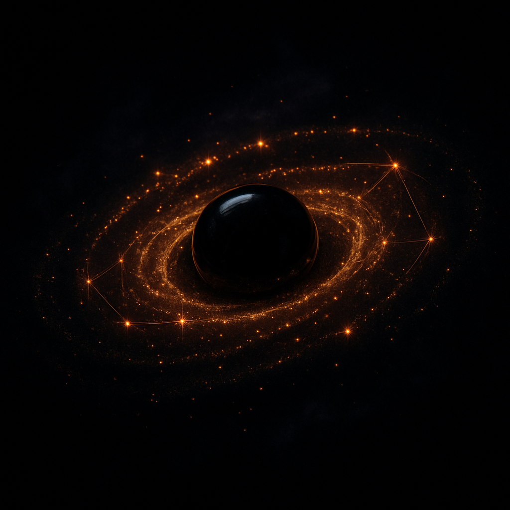 A luminous galaxy of golden stars swirling around a dark obsidian core