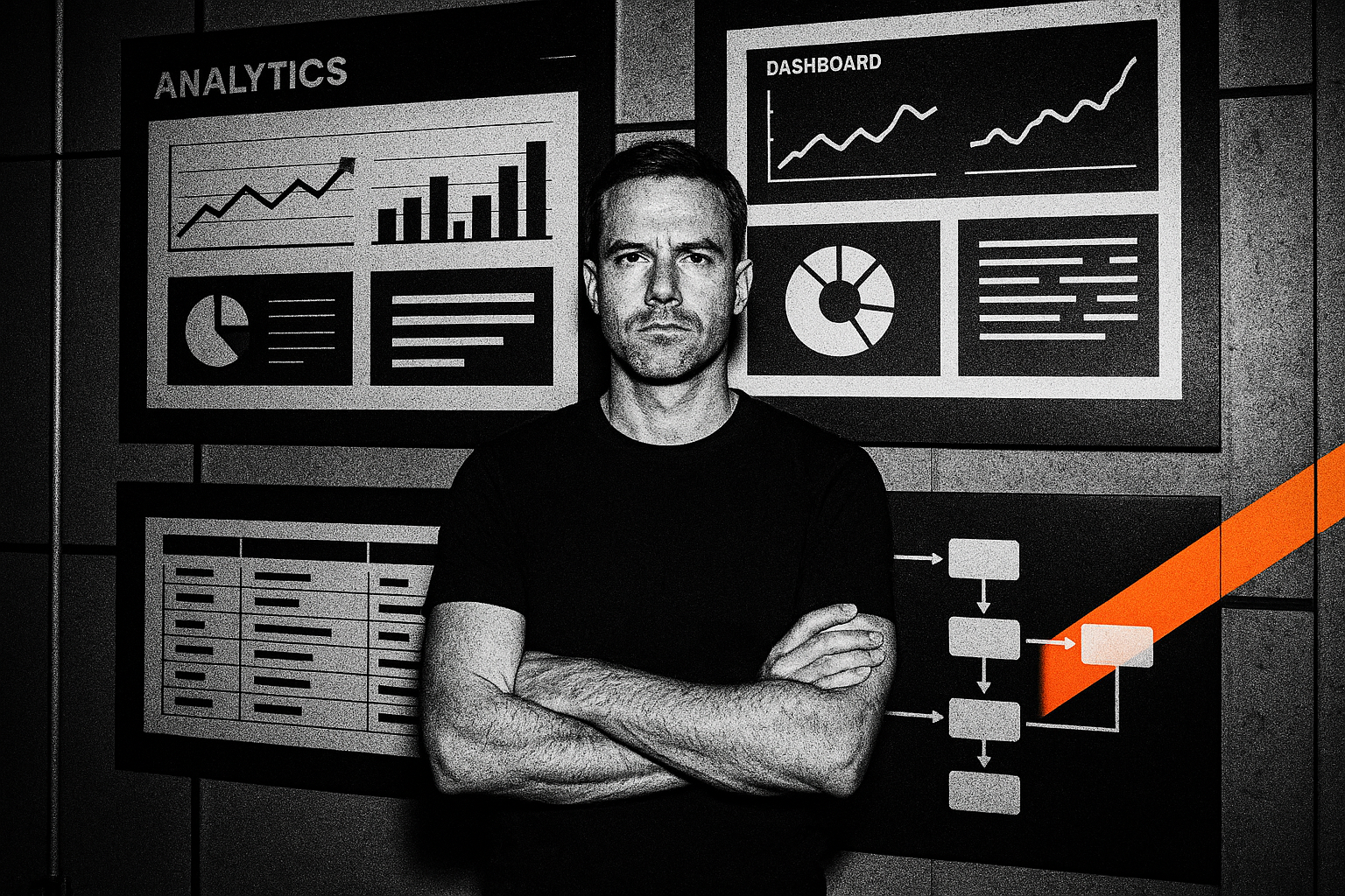 Founder reviewing AI-powered marketing workflow dashboards in a high-contrast office scene