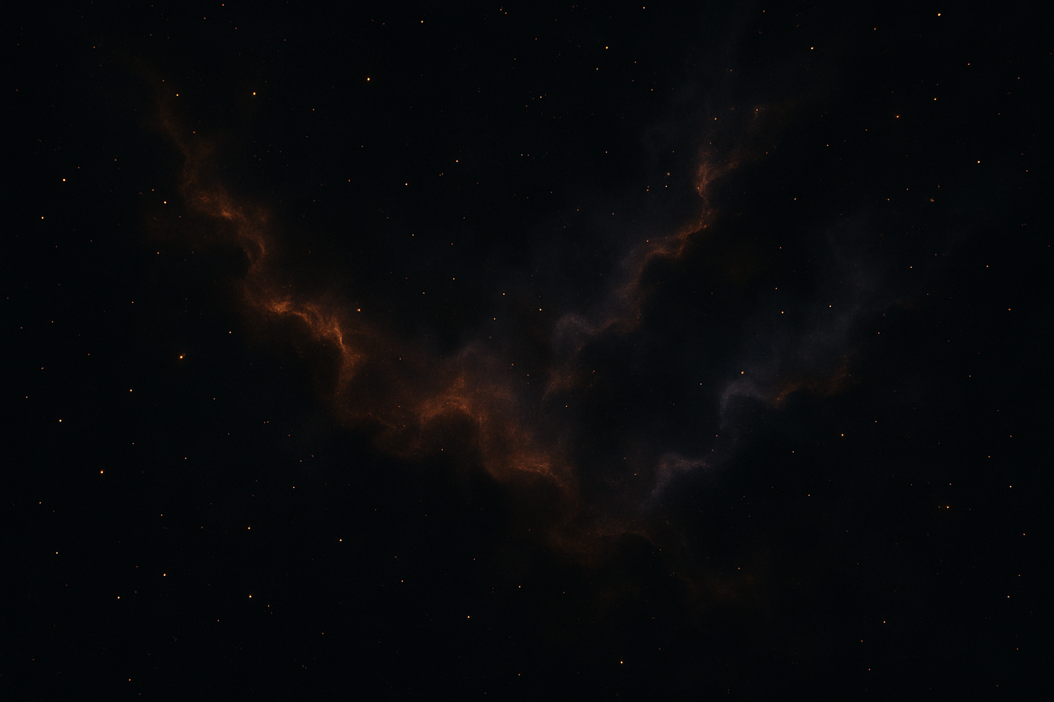 Faint ember-orange and violet nebula wisps with tiny gold stars in near-black deep space